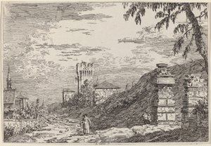 有塔和两根废旧柱子的风景，约1735-1746。 作者 Canaletto