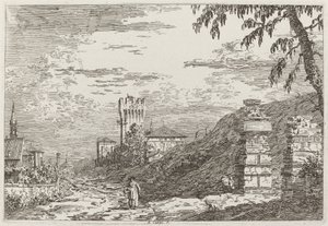 有塔和两根废旧柱子的风景[左]，约1735-1746。 作者 卡纳莱托