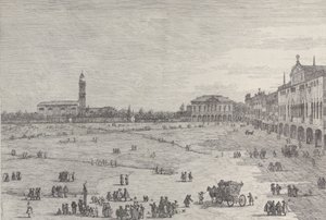Prà della Valle：帕多瓦的Prà della Valle广场的右半部分，以及Col...，1735-46。 作者 卡纳莱托
