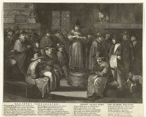 关于英国贵格会的漫画，约 1656 年
贵格会会议 / Fronti Nulla Fides / 贵格会会议（物品上的标题）