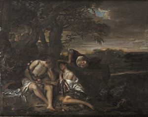 一对熟睡的夫妇，在阿卡迪亚风光中被三个女人发现（油画板） 作者 Carel De Moor II（作者）