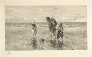四个孩子在浅海沙滩上玩玩具船
海边的孩子 作者 约瑟夫·以色列