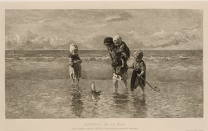 四个孩子在浅海沙滩上玩玩具船
大海的孩子
Enfants de la mer（标题见实物） 作者 弗兰斯·布法恩·佐南