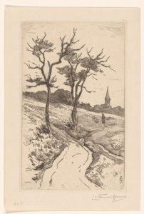 带卡特维克教堂塔楼的沙丘景观 作者 Carel Nicolaas Storm van 的 Gravesande （有艺术家签名）
