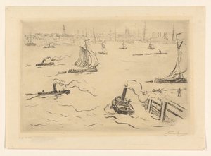 城市附近有船只的河流 作者 Carel Nicolaas Storm van 的 Gravesande （有艺术家签名）