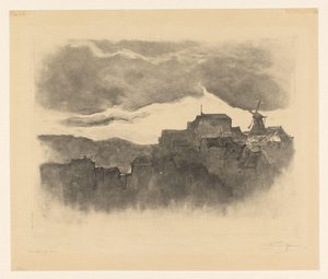 山上有磨坊的小镇 作者 Carel Nicolaas Storm van 的 Gravesande （有艺术家签名）