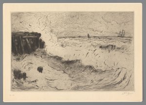 狂野的大海与一艘帆船在码头 作者 Carel Nicolaas Storm van 的 Gravesande （有艺术家签名）