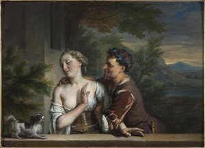 一个男人试图拥抱一个女人 - 一个男人试图拥抱一个女人，Carel (Charles) de Moor (1656-1738)。 布面油画。 尺寸：33.5x47 厘米。 斯德哥尔摩国家博物馆 作者 卡雷尔·德·摩尔