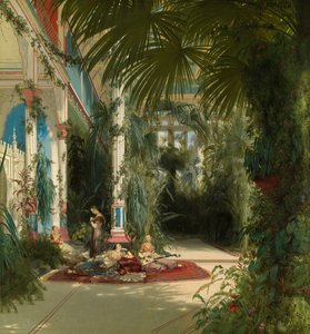 德语: Das Innere des Palmenhauses auf der Pfaueninsel bei Potsdam 波茨坦附近普法恩泽尔棕榈树屋的内部结构 作者 卡尔布莱臣