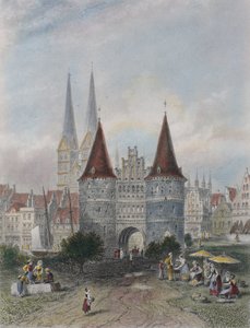 在吕贝克的Holsten门，由John Godfrey（1817-89）雕刻（彩色雕刻）