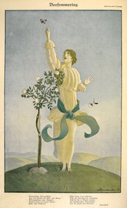 借鉴诗歌“Vorsommertag”： 借鉴诗歌“Vorsommertag”。 一个女人伸手去抓一只蝴蝶。 作者 卡尔·弗里德里希·奥托·伦德克