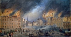 1848 年 10 月 28 日在 Jagerzeile 发生的 Sternbarrikade 战役，维也纳革命，城市大火，卡尔·戈贝尔（Carl Goebel，1824-1899 年）绘画，奥地利