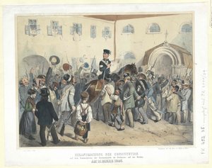 1848 年 3 月 15 日在维登自由之家（Freihaus）的国民自卫军集会场所发布的宪法公告（彩色石版画） 作者 卡尔·戈贝尔