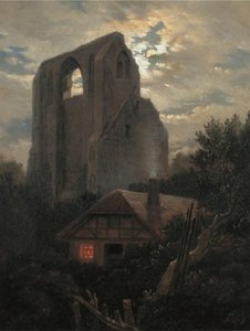 Eldena修道院的废墟，带小屋在格赖夫斯瓦尔德附近的月光下，1820年