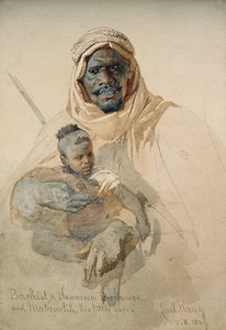 Bachist，一个Howazeen Bedawee和他的小儿子Mabzookh，1859年（铅笔和卫生纸在纸上洗）