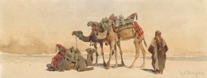 1859年在沙漠中与三头骆驼一起休息