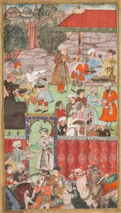 1505 年 5 月，同父异母的兄弟贾汉吉尔-米尔扎在加兹尼为巴布尔举办的宴会，摘自 Babur-nama（《巴布尔回忆录》）。 作者 Carl Julius Rieden