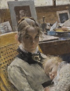 一个工作室田园诗：艺术家的妻子和他们的女儿苏珊，1885年（粉彩） 作者 卡尔·拉森