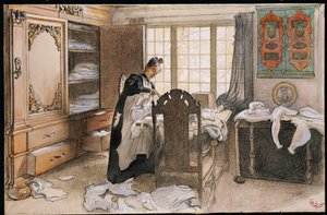 卡琳在亚麻橱柜旁，1906年 作者 卡尔·拉森