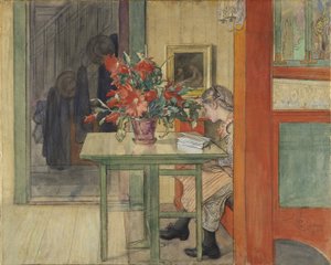 Lisbeth Reading（纸上有蛋彩画） 作者 卡尔·拉森