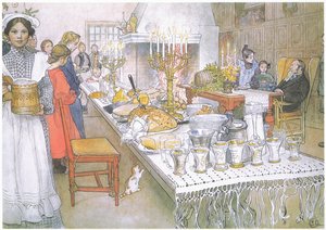 圣诞夜，大礼堂里巨大的长桌上摆满了食物（彩色石版画） 作者 卡尔·拉森