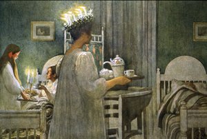 圣露西日，头发上戴着蜡烛冠的年轻女孩，插图，1916 年 作者 卡尔·拉森