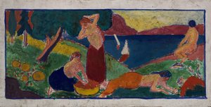 有蓝色边框的风景中的妇女，1932年以前。