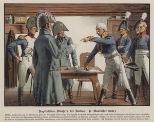 1806年11月7日，布卢赫元帅在卡特考向法国人投降（彩色平版印刷）。 作者 卡尔·劳士林