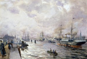 1889年汉堡港的帆船（纸上水粉和水粉）