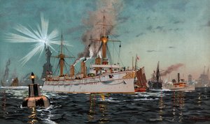奥古斯塔皇后离开纽约，C. Saltzmann 95 的色石版画，nr13 选自 G. Wislicenus, Unsre Kriegsflotte。 作者 卡尔·萨尔茨曼