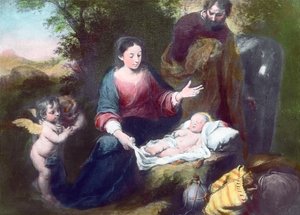 沉睡的基督之子与天使、玛利亚和约瑟夫。西班牙巴洛克画家巴托洛梅-埃斯特万-穆里略（1617 - 1682 年）的画作（无日期）。图片日期：约 1900 年。卡尔-西蒙档案馆 作者 卡尔·西蒙