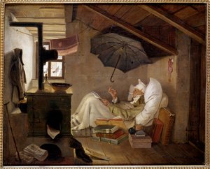 可怜的诗人一位老人躺在阁楼上。 Carl Spitzweg (1808-1885) 1839 年的绘画。昏暗。 0.36 X 0.44 m 柏林，旧博物馆，德国 - 可怜的诗人。 一位老人卧床不起。 Carl Spitzweg (1808-1885) 的绘画 作者 Carl Spitzweg
