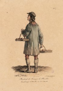 Marolles 的奶酪商人，选自《Les cris de Paris》，约 1823-25 年（石版印刷）。 作者 卡尔·韦尔内