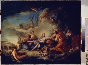 戴安娜在狩猎中休息。卡勒-凡-卢（1705-1765 年）的画作。布面油画，65 x 80.5 厘米 作者 卡尔·范·卢