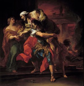 特洛伊战争：Charles Andre (ou Carle) van Loo (1705-1765) Sun 的“Enee portant Anchise”绘画。 1,1x1,05 米 作者 卡尔·范·卢