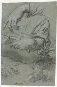 手部研究的直页，儿童头部素描的对页，约1586年。