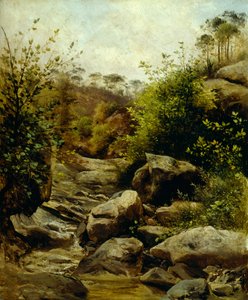 卡洛-阿德莫洛（1824-1911）的《透过岩石看斯科佩蒂》，纸板上的油画，转印在卡片上，33x28厘米 作者 卡洛·阿德莫洛