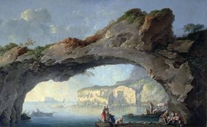 一个巨大的岩石拱门，可以看到那不勒斯海 作者 卡洛·博纳里亚（Carlo Bonaria）或博纳维亚（Bonavia）