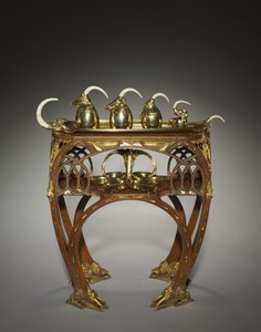 Tray with Cream Pitcher, Covered Sugar Bowl, Tea Pot, Hot Water Pot and Salver, executed by Adrien-Aurélien Hebrard (1866-1937), and Table, c.1907 (inlaid wood (mahogany?), cast & gilded bounts, inlay of ivory or bone, metal, & mother of pearl (mar)