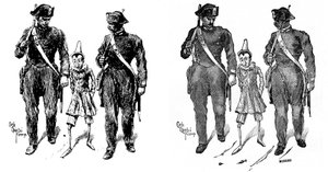 木偶奇遇记》由 Carlo Chiostri（1863-1939 年）创作，他是科洛迪（Carlo Lorenzini）作品的首批意大利插图画家之一。两名宪兵带走了木偶。左图为基奥斯特里的原画，右图为雕刻版画。