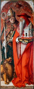 卡梅里诺大教堂(Duomo di Camerino)的多联画。圣杰罗姆和圣奥古斯丁。卡洛-克里韦利（1430/35-1494/1500）的绘画。木板上的油彩 作者 卡洛·克里维利（Carlo Crivelli）