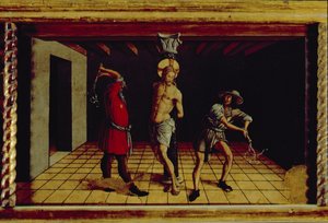 基督的鞭挞，来自San Silvestro polyptych的中央右手预定面板，1468（面板上的蛋彩画）（见76657） 作者 卡洛·克里维利（Carlo Crivelli）