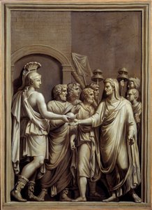 古罗马：穿长袍的战士和男人交换球体。 Carlo Labuzzi (1748-1818) 在低矮的罗马浮雕后的绘画。 布雷斯特。 美术博物馆