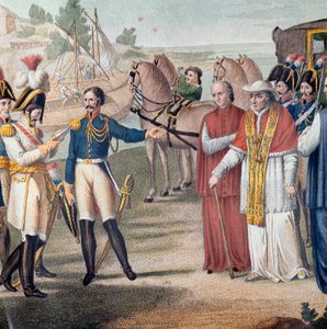 教皇庇护七世 (Pio) (1742-1823) 在返回意大利时于 1814 年 3 月 25 日在帕尔马附近被奥地利-那不勒斯军队逮捕 - Carlo Lasinio (1759-1838) 雕刻 - 彩色平版印刷（教皇庇护七世被捕） (1742-1823) 在他回到意大利后