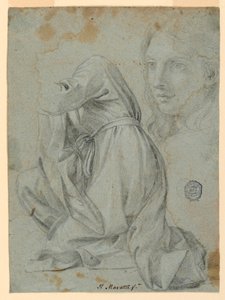 素描，研究：跪着的女人的衣服。年轻女子的头部，1650-1675 年 作者 卡洛·马拉蒂（Carlo Maratti）