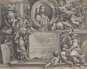 正面是拉斐尔的椭圆形肖像，以及三个寓言式的艺术人物...，1675年。