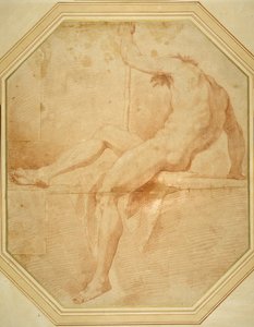 Nude seated and turning away, grasping a staff in his left hand (red chalk on white paper)