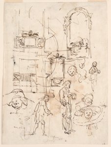 素描，建筑和人物素描，约 1760 年 作者 卡洛·马尔基奥尼