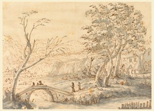 素描，有桥的风景，1770-1786 年 作者 卡洛·马尔基奥尼