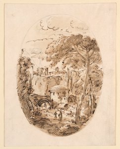 素描，有骑士和桥的风景，1750-1786 年